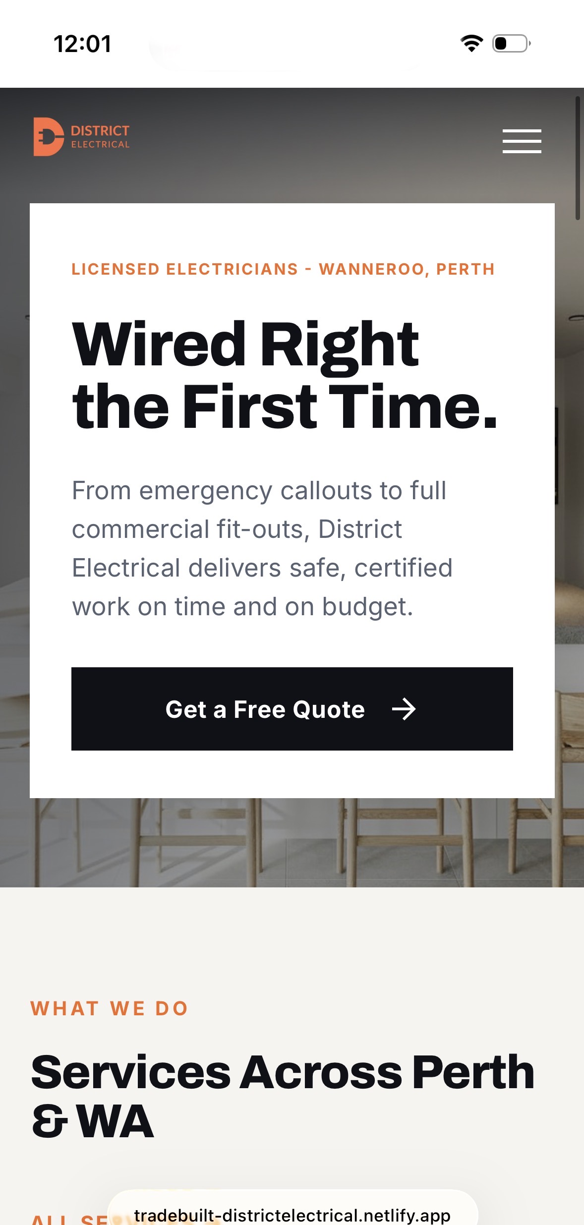 District Electrical mobile view — responsive electrician website Joondalup Perth