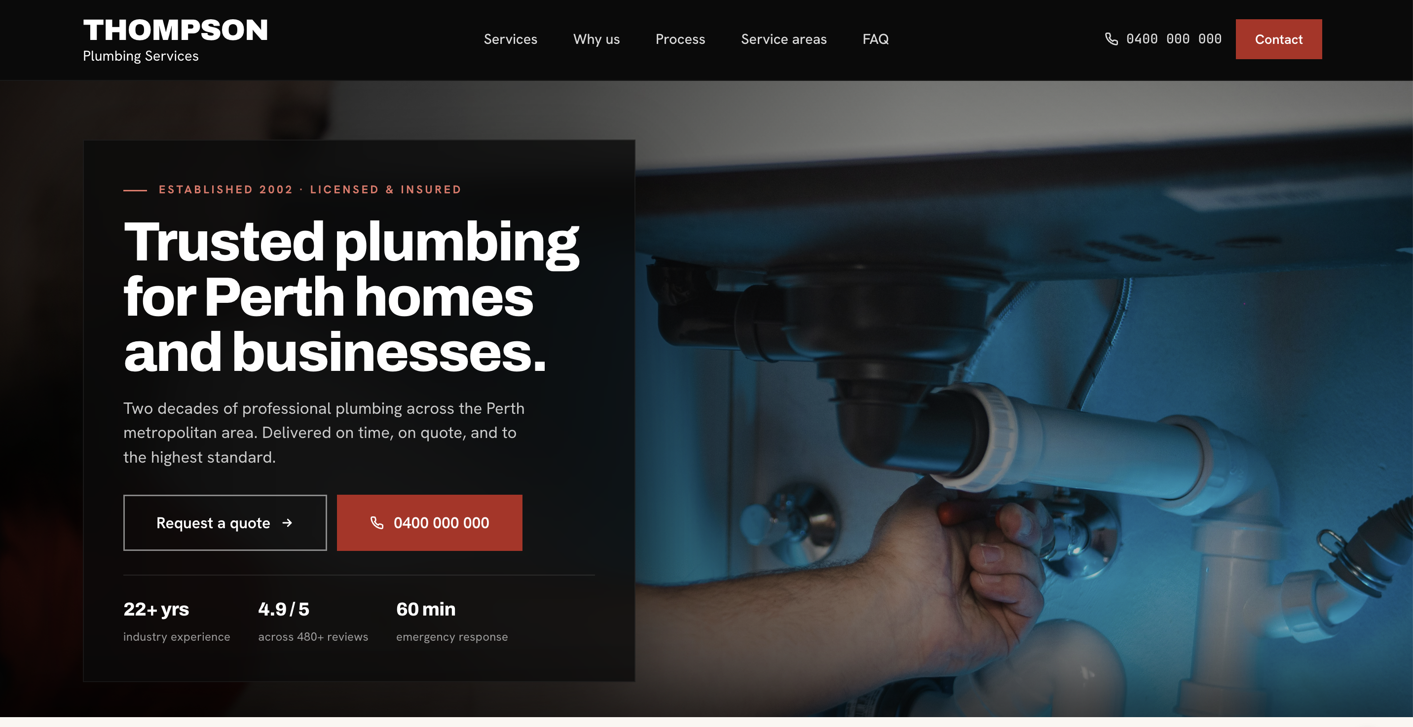 Thompson Plumbing website desktop view — Perth plumber site built by TradeBuilt Digital