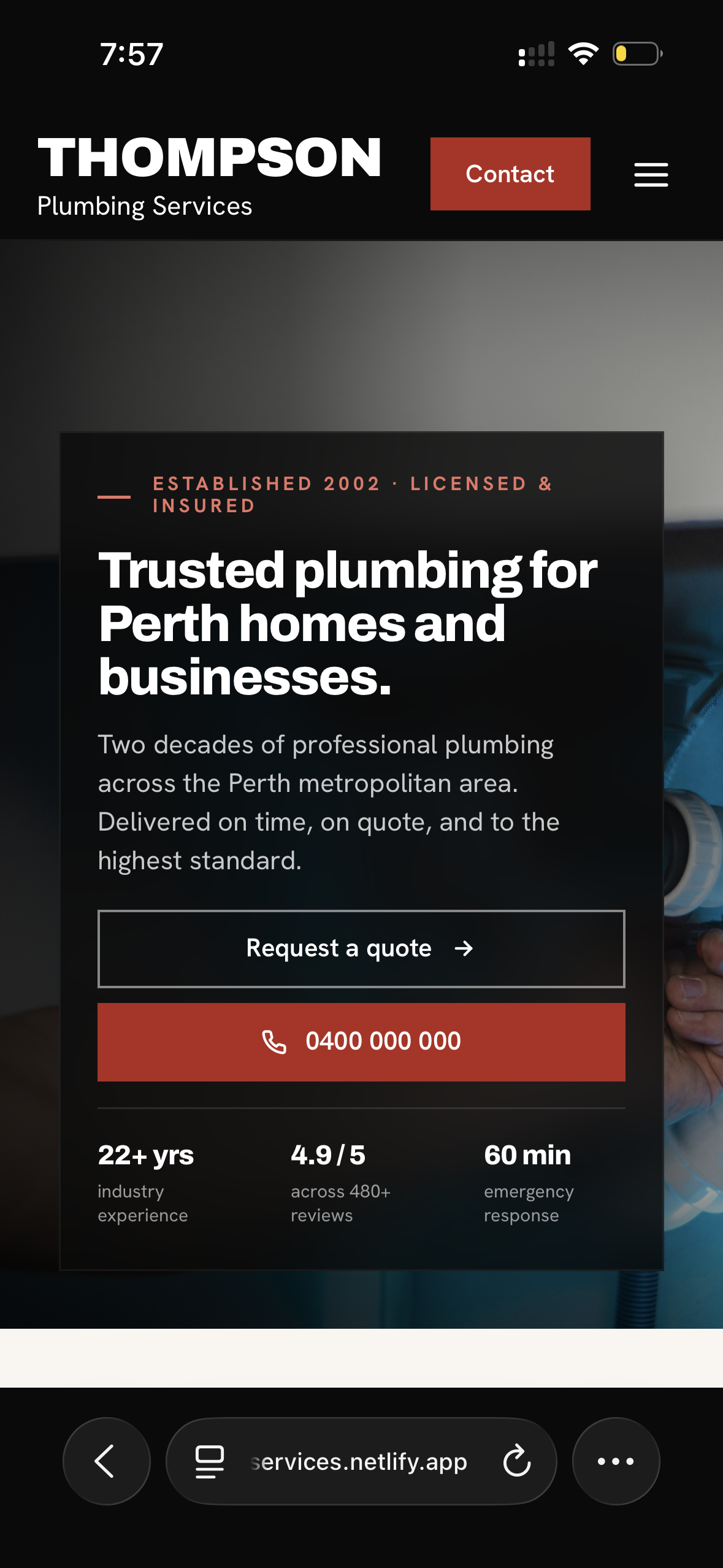 Thompson Plumbing mobile view — responsive plumber website Wanneroo Perth